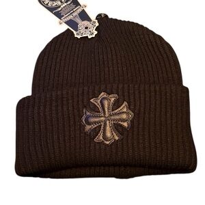 Cromo Hearts Black Knit Beanie with Cross Embroidery